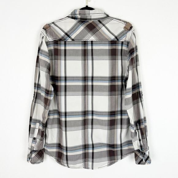 BKE Mens Casual Pearl Snap Shirt Western Plaid Slim Stretch White Gray Medium - Picture 2 of 7